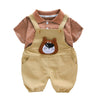 Brown Stripes Tee With Khakhi Bear Dungaree