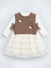 Brown Kitty Knitted Vest & White-Ivory Ruffle Frock Winterwear 2 Pcs Set for Girls