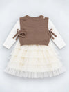 Brown Kitty Knitted Vest & White-Ivory Ruffle Frock Winterwear 2 Pcs Set for Girls