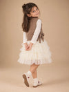 Brown Kitty Knitted Vest & White-Ivory Ruffle Frock Winterwear 2 Pcs Set for Girls