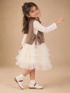 Brown Kitty Knitted Vest & White-Ivory Ruffle Frock Winterwear 2 Pcs Set for Girls