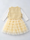 Light Green Kitty Knitted Vest & White-Yellow Ruffle Frock Winterwear 2 Pcs Set for Girls
