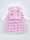 Pink Kitty Knitted Vest & White-Pink Ruffle Frock Winterwear 2 Pcs Set for Girls