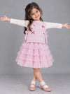 Pink Kitty Knitted Vest & White-Pink Ruffle Frock Winterwear 2 Pcs Set for Girls