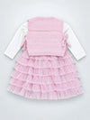 Pink Kitty Knitted Vest & White-Pink Ruffle Frock Winterwear 2 Pcs Set for Girls