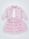 Pink Pearl & Silver Bow Cardigan & White-Pink Ruffle Frock, Winterwear 2 Pcs Set for Girls