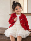 Red 3D Bow Cardigan & White-Ivory Ruffle Frock, Winterwear 2 Pcs Set for Girls