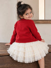 Red 3D Bow Cardigan & White-Ivory Ruffle Frock, Winterwear 2 Pcs Set for Girls