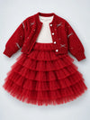 Red Pearl & Silver Bow Cardigan & White-Red Ruffle Frock, Winterwear 2 Pcs Set for Girls