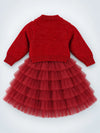 Red Pearl & Silver Bow Cardigan & White-Red Ruffle Frock, Winterwear 2 Pcs Set for Girls
