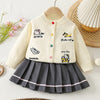 Cat-Dog Print Cream Cardigan And Pleated Skirt Winterwear 2Pcs Set