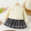 Cat-Dog Print Cream Cardigan And Pleated Skirt Winterwear 2Pcs Set