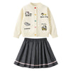 Cat-Dog Print Cream Cardigan And Pleated Skirt Winterwear 2Pcs Set