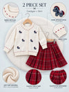 Ivory Horse Cardigan & Maroon Checked Skirt, Winterwear, 2 Pcs Set for Girls