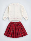 Ivory Horse Cardigan & Maroon Checked Skirt, Winterwear, 2 Pcs Set for Girls