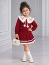 Maroon Ruffle-Collar Sweater & Pleated Skirt with Bow Pom-Pom Clip, Winterwear 2 Pcs Set for Girls