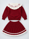 Maroon Ruffle-Collar Sweater & Pleated Skirt with Bow Pom-Pom Clip, Winterwear 2 Pcs Set for Girls
