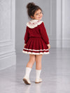 Maroon Ruffle-Collar Sweater & Pleated Skirt with Bow Pom-Pom Clip, Winterwear 2 Pcs Set for Girls