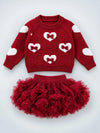 Maroon Heart & Bow Sweater with Fluffy Ruffle Skirt, Winterwear, 2 Pcs Set for Girls