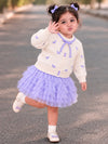 Ivory Horse Sweater & Purple Ruffle Skirt with Detachable Bow Clip, Winterwear 2 Pcs Set for Girls