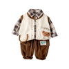 3 Pcs Set | Beige Teddy Knitted Vest, Checkered Shirt & Pants