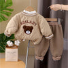 3 Pcs Set | Brown Bear Quilted Jacket, T-Shirt & Pants Set