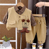 3 Pcs Set | Brown Happy Ted Vest, Brown Stripes Shirt, Pants Set