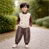 3 Pcs Set | Beige Vest With Double Button Detailing, Dark Brown Shirt & Printed Pants