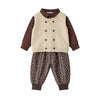 3 Pcs Set | Beige Vest With Double Button Detailing, Dark Brown Shirt & Printed Pants