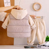 3 Pcs Set | Cream Long Ted Hoodie, Sleeveless Puffer Jacket With Pants