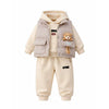 3 Pcs Set | Cream Long Ted Hoodie, Sleeveless Puffer Jacket With Pants