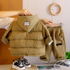 3 Pcs Set | Olive Long Ted Hoodie, Sleeveless Puffer Jacket With Pants