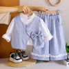3 Pcs Set | Blue Side Bow Jacket, Shirt & Matching Pants Partywear Set