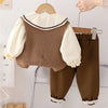 3 Pcs Set | Brown Crochet Knitted Vest, With White Shirt & Matching Pants Partwear Set
