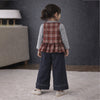 3 Pcs Set | Brown Checkered Peplum-Top, With T-Shirt & Wide Leg Pants