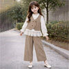 3 Pcs Set | Brown Waistcoat, White Peplum-Style Top & Wide Leg Pants Partwear Set