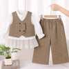 3 Pcs Set | Brown Waistcoat, White Peplum-Style Top & Wide Leg Pants Partwear Set