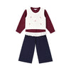 3 Pcs Set | Crochet Cardigan Vest, Maroon Shirt & Navy Frill Pants Partywear