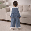 3 Pcs Set | Denim Bow Peplum- Style Top, Grey T-Shirt & Denim Wide Leg Pants