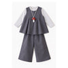 3 Pcs Set | Grey Polka Flared Top, Grey T-Shirt & Wide Leg Pants Partwear