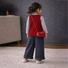 3 Pcs Set | Maroon Knit Sleevless Cardigan, T-Shirt & Checkered Pants With Sling Purse