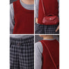 3 Pcs Set | Maroon Knit Sleevless Cardigan, T-Shirt & Checkered Pants With Sling Purse