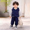 3 Pcs Set | Navy Blue Sleeveless Hoodie, Stripes T-Shirt & Pants