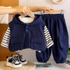 3 Pcs Set | Navy Blue Sleeveless Hoodie, Stripes T-Shirt & Pants