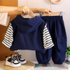 3 Pcs Set | Navy Blue Sleeveless Hoodie, Stripes T-Shirt & Pants
