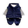 3 Pcs Set | Navy Blue Sleeveless Hoodie, Stripes T-Shirt & Pants