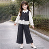 3 Pcs Set | Navy Waistcoat, White Peplum-Style Top & Wide Leg Pants Partwear Set