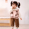 3Pcs Set | Pink Brown Knitted Vest, Cream Shirt & Pants Partywear