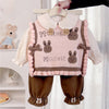 3Pcs Set | Pink Brown Knitted Vest, Cream Shirt & Pants Partywear