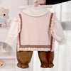 3Pcs Set | Pink Brown Knitted Vest, Cream Shirt & Pants Partywear